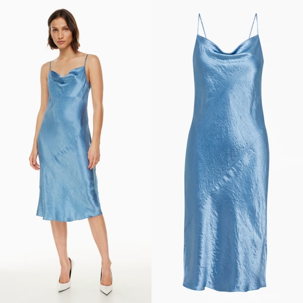 Aritzia Babaton Model Satin Midi  Cowlneck Dress Slip Blue Size S